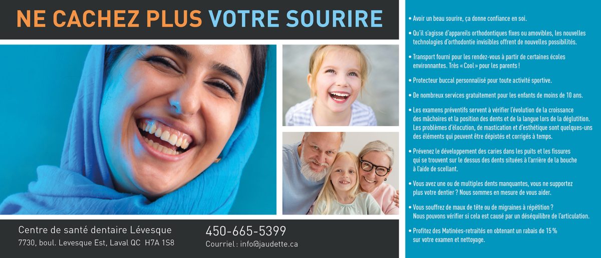 Coté recto d'un carton promotionnel pour bureau de dentiste. Graphisme refait à neuf avec les couleurs bleu et noir, avec un peu de orange et de blanc. On voit des photographies de gens souriants représentant les potentiels client cible de la clinique. On voit également une photographie de l'équipe de la clinique.